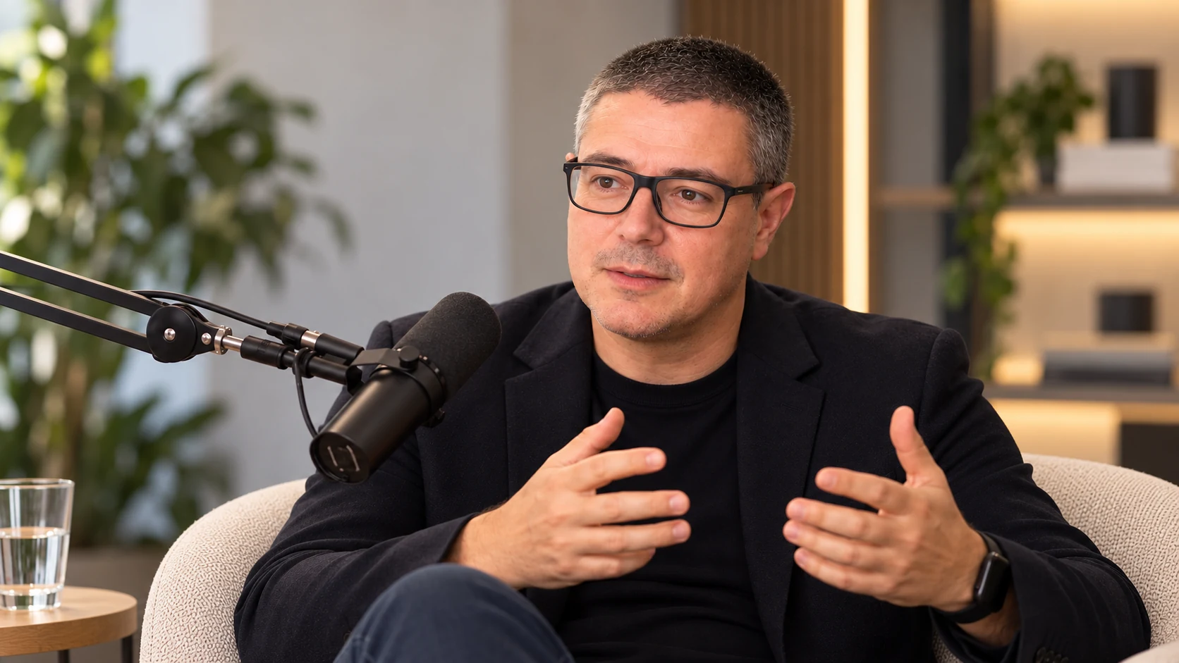 Jordi Cuenca conversant davant d'un micròfon en un entorn professional